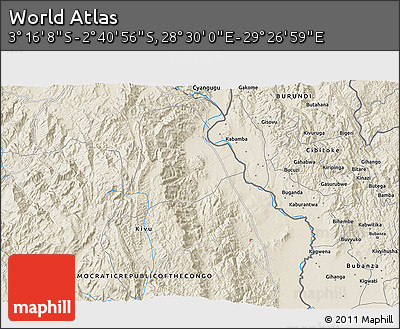 Shaded Relief 3D Map of the Area around 2° 58' 32" S, 28° 58' 30" E