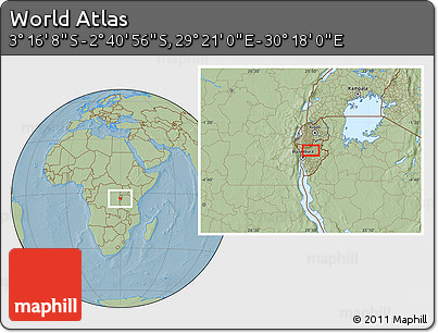 Savanna Style Location Map of the Area around 2° 58' 32" S, 29° 49' 30" E, hill shading