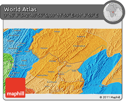 Political 3D Map of the Area around 2° 58' 32" S, 30° 40' 29" E