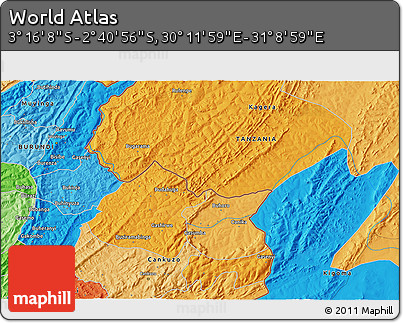 Political 3D Map of the Area around 2° 58' 32" S, 30° 40' 29" E