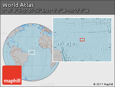 Gray Location Map of the Area around 2° 58' 32" S, 30° 31' 29" W, hill shading