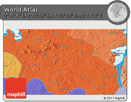 Political 3D Map of the Area around 2° 58' 32" S, 32° 22' 30" E