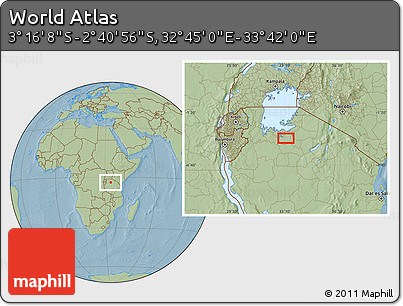 Savanna Style Location Map of the Area around 2° 58' 32" S, 33° 13' 30" E, hill shading