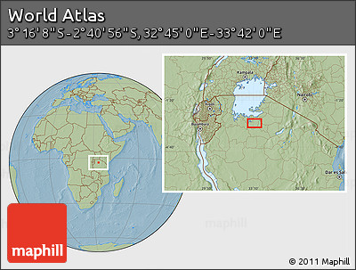 Savanna Style Location Map of the Area around 2° 58' 32" S, 33° 13' 30" E, hill shading