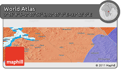 Political Panoramic Map of the Area around 2° 58' 32" S, 33° 13' 30" E