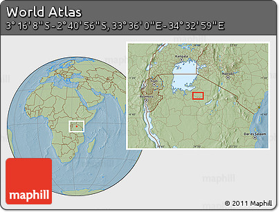 Savanna Style Location Map of the Area around 2° 58' 32" S, 34° 4' 30" E, hill shading