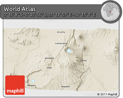 Shaded Relief 3D Map of the Area around 2° 58' 32" S, 35° 46' 29" E