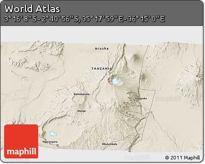 Shaded Relief 3D Map of the Area around 2° 58' 32" S, 35° 46' 29" E
