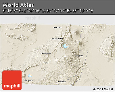 Shaded Relief 3D Map of the Area around 2° 58' 32" S, 35° 46' 29" E
