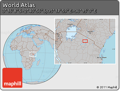 Gray Location Map of the Area around 2° 58' 32" S, 35° 46' 29" E