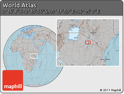 Gray Location Map of the Area around 2° 58' 32" S, 35° 46' 29" E, hill shading