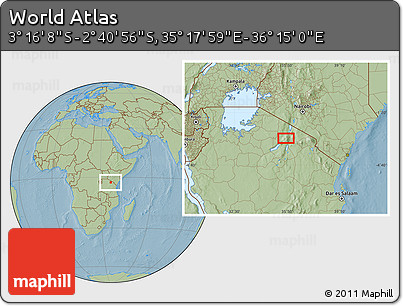 Savanna Style Location Map of the Area around 2° 58' 32" S, 35° 46' 29" E, hill shading