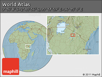 Savanna Style Location Map of the Area around 2° 58' 32" S, 35° 46' 29" E, hill shading