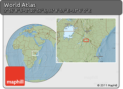 Savanna Style Location Map of the Area around 2° 58' 32" S, 36° 37' 30" E, hill shading