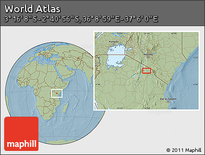 Savanna Style Location Map of the Area around 2° 58' 32" S, 36° 37' 30" E, hill shading