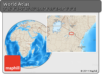 Shaded Relief Location Map of the Area around 2° 58' 32" S, 36° 37' 30" E