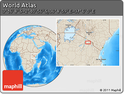 Shaded Relief Location Map of the Area around 2° 58' 32" S, 36° 37' 30" E