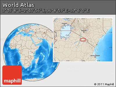 Shaded Relief Location Map of the Area around 2° 58' 32" S, 36° 37' 30" E
