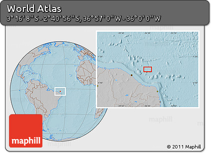 Gray Location Map of the Area around 2° 58' 32" S, 36° 28' 30" W, hill shading