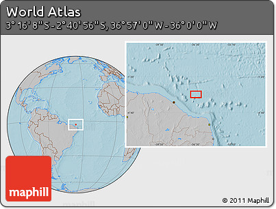 Gray Location Map of the Area around 2° 58' 32" S, 36° 28' 30" W, hill shading