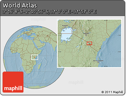 Savanna Style Location Map of the Area around 2° 58' 32" S, 37° 28' 30" E, hill shading