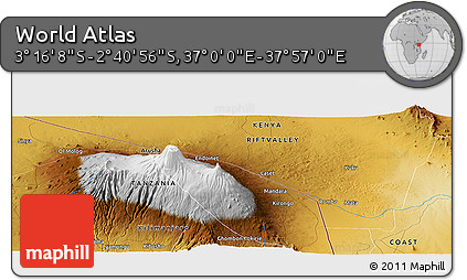 Physical Panoramic Map of the Area around 2° 58' 32" S, 37° 28' 30" E