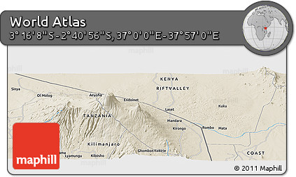 Shaded Relief Panoramic Map of the Area around 2° 58' 32" S, 37° 28' 30" E