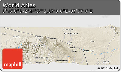 Shaded Relief Panoramic Map of the Area around 2° 58' 32" S, 37° 28' 30" E