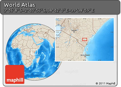 Shaded Relief Location Map of the Area around 2° 58' 32" S, 39° 10' 29" E