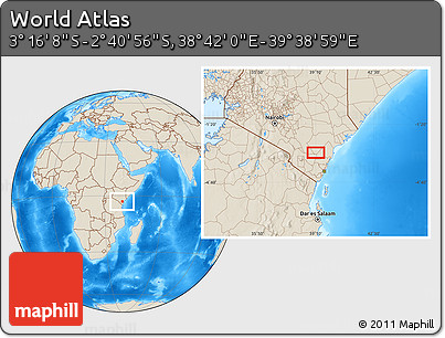 Shaded Relief Location Map of the Area around 2° 58' 32" S, 39° 10' 29" E