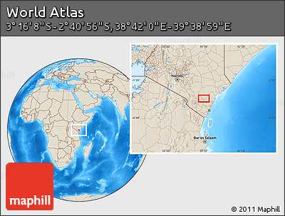 Shaded Relief Location Map of the Area around 2° 58' 32" S, 39° 10' 29" E