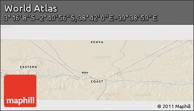 Shaded Relief Panoramic Map of the Area around 2° 58' 32" S, 39° 10' 29" E