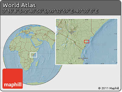 Savanna Style Location Map of the Area around 2° 58' 32" S, 40° 1' 29" E, hill shading