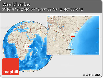 Shaded Relief Location Map of the Area around 2° 58' 32" S, 40° 1' 29" E
