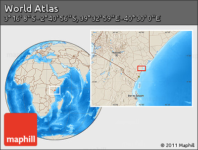 Shaded Relief Location Map of the Area around 2° 58' 32" S, 40° 1' 29" E