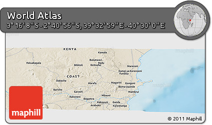 Shaded Relief Panoramic Map of the Area around 2° 58' 32" S, 40° 1' 29" E