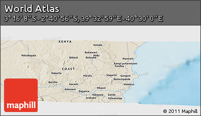 Shaded Relief Panoramic Map of the Area around 2° 58' 32" S, 40° 1' 29" E