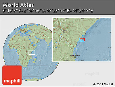 Savanna Style Location Map of the Area around 2° 58' 32" S, 40° 52' 30" E, hill shading