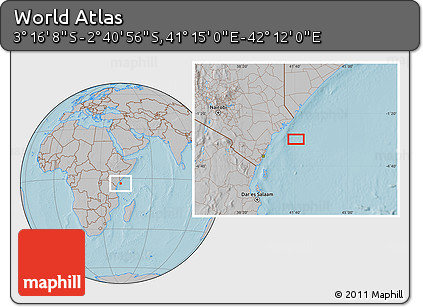 Gray Location Map of the Area around 2° 58' 32" S, 41° 43' 30" E, hill shading