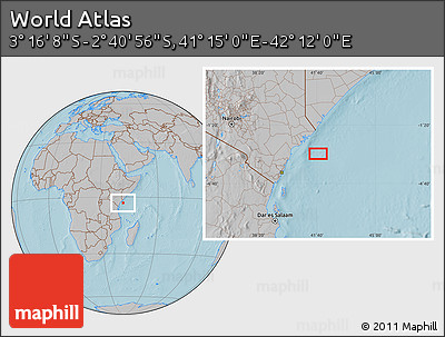 Gray Location Map of the Area around 2° 58' 32" S, 41° 43' 30" E, hill shading