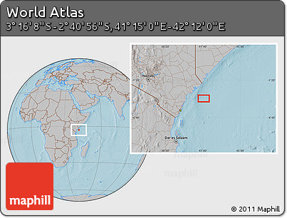 Gray Location Map of the Area around 2° 58' 32" S, 41° 43' 30" E, hill shading