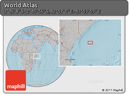 Gray Location Map of the Area around 2° 58' 32" S, 43° 25' 29" E, hill shading