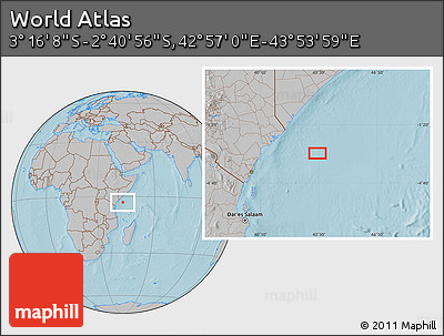 Gray Location Map of the Area around 2° 58' 32" S, 43° 25' 29" E, hill shading