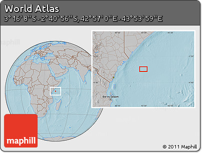 Gray Location Map of the Area around 2° 58' 32" S, 43° 25' 29" E, hill shading