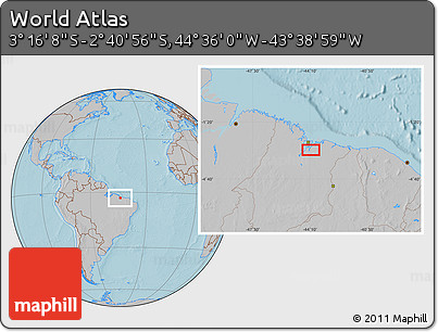 Gray Location Map of the Area around 2° 58' 32" S, 44° 7' 30" W, hill shading