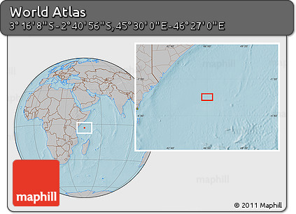 Gray Location Map of the Area around 2° 58' 32" S, 45° 58' 30" E, hill shading