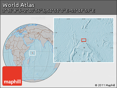 Gray Location Map of the Area around 2° 58' 32" S, 55° 19' 30" E, hill shading