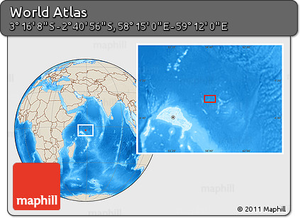 Shaded Relief Location Map of the Area around 2° 58' 32" S, 58° 43' 30" E