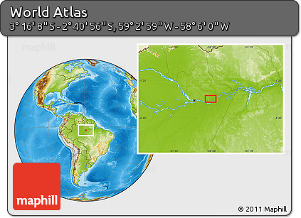 Physical Location Map of the Area around 2° 58' 32" S, 58° 34' 30" W