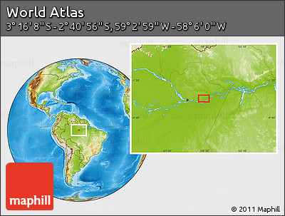 Physical Location Map of the Area around 2° 58' 32" S, 58° 34' 30" W